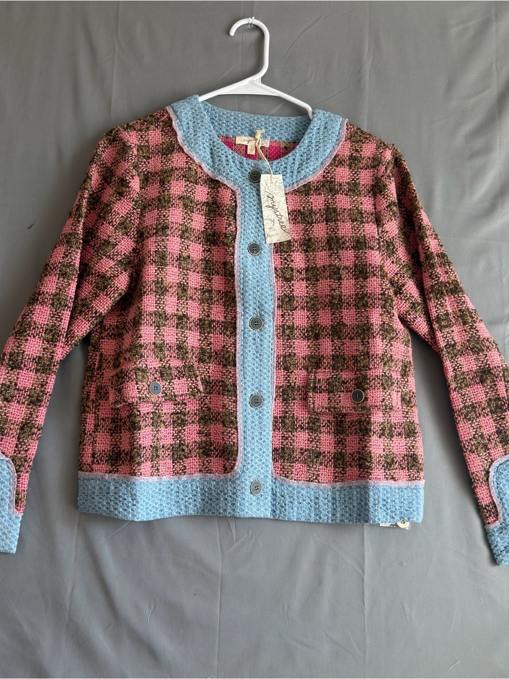 Mystree:Pink & Brown Plaid Tweed Jacket with Light Blue Trim (E0002)